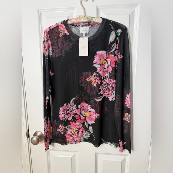 Johnny Was Black Sheer Floral Mesh Top with Pink Flowers - Picture 2 of 12
